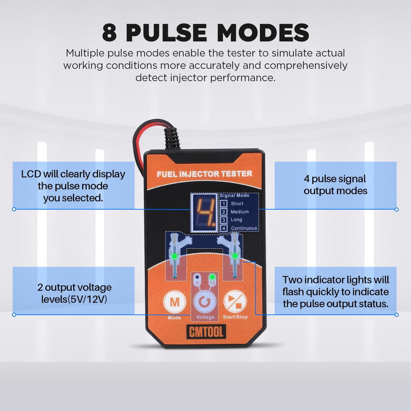 CMTOOL Fuel Injector Tester and Cleaner Tool Kit, Upgraded 6 Cleaning Adapters & 8 Pulse Modes, DIY Tool, Car Fuel Injector Cleaner Kit, 5V/12V Output Voltage Level