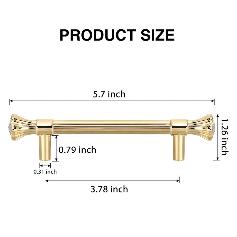 4 Pack Kitchen Cabinet Handles Gold, Crystal Dresser Drawer Pulls, Modern Bathroom Cabinet Handles, Kitchen Hardware for cabinets, Zinc Alloy Pull (4, Gold, 3.78"(96mm) Hole Center) 4