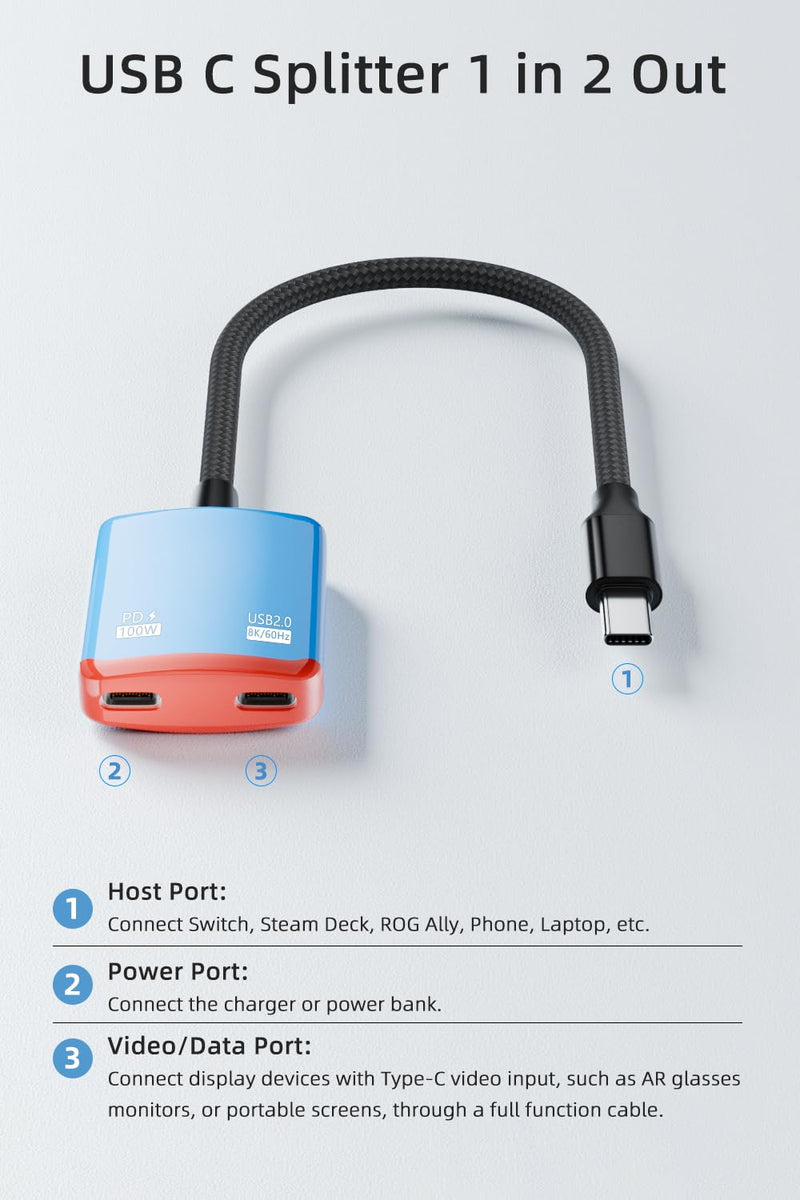 AreMe USB C Splitter, USB-C to AR Glasses Charging Adapter | Charge and Play, for Switch, Steam Deck, ROG Ally, iPhone 15/16/17, Laptop, Support 100W PD Fast Charging & 8K@60Hz Output