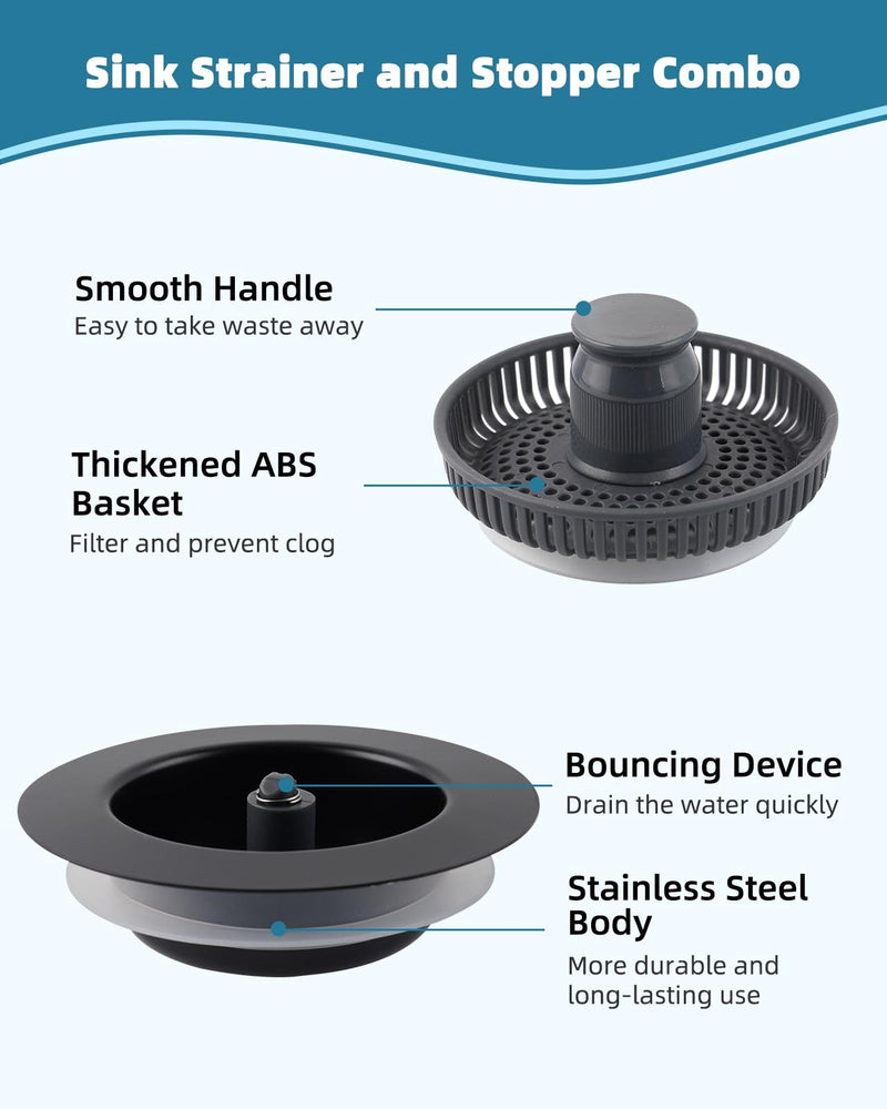 Universal 3 in 1 Kitchen Sink Drain Strainer Stopper Combo, 2PCS Matteblack Stainless Steel Shell Pop Up Sink Stopper for US Standard 3-1/2 inch Drain Filter, Anti-clog and Easy Clean 2 Black Metal Shell with Flat Handle Strainer