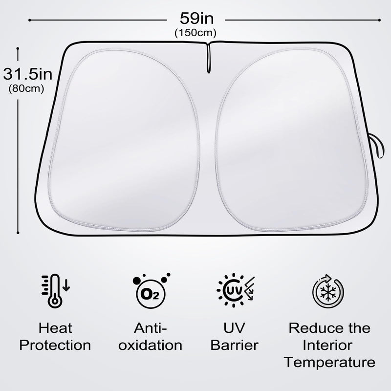 Sun Shade for Car Windshield, Foldable Universal Car Windshield Sun Shade UV Rays Reflective Sun Visor Shade Keeps Vehicle Cool for Cars, Trucks, SUVs (59 x 31.5 in) Silver, 59’‘x31.5"