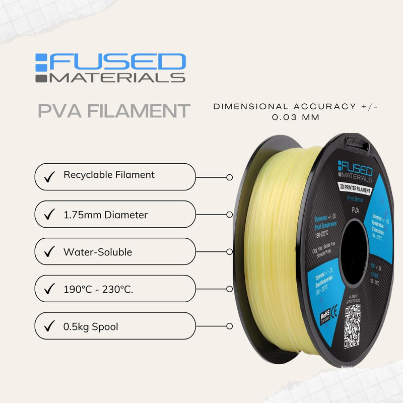 Fused Materials PVA Filament 1.75mm – Water-Soluble Support Material for 3D Printing – Compatible with Bambu Lab, Polymaker, Overture, and More – Works with PLA, PETG, Nylon, ABS – Clear & Transparent Clear, 1.75mm, 0.5kg