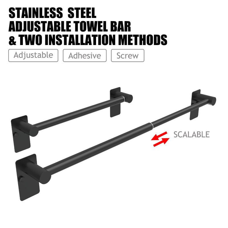 Towel Bar, 14inch to 25inch Adjustable Towel Holder Rod, Self Adhesive Wall Mounted Hand or Body Towel Rack for Bathroom Kitchen, Stainless Steel Organizer Single Bar (Matte Black, 2 Pack) Standard Length–black