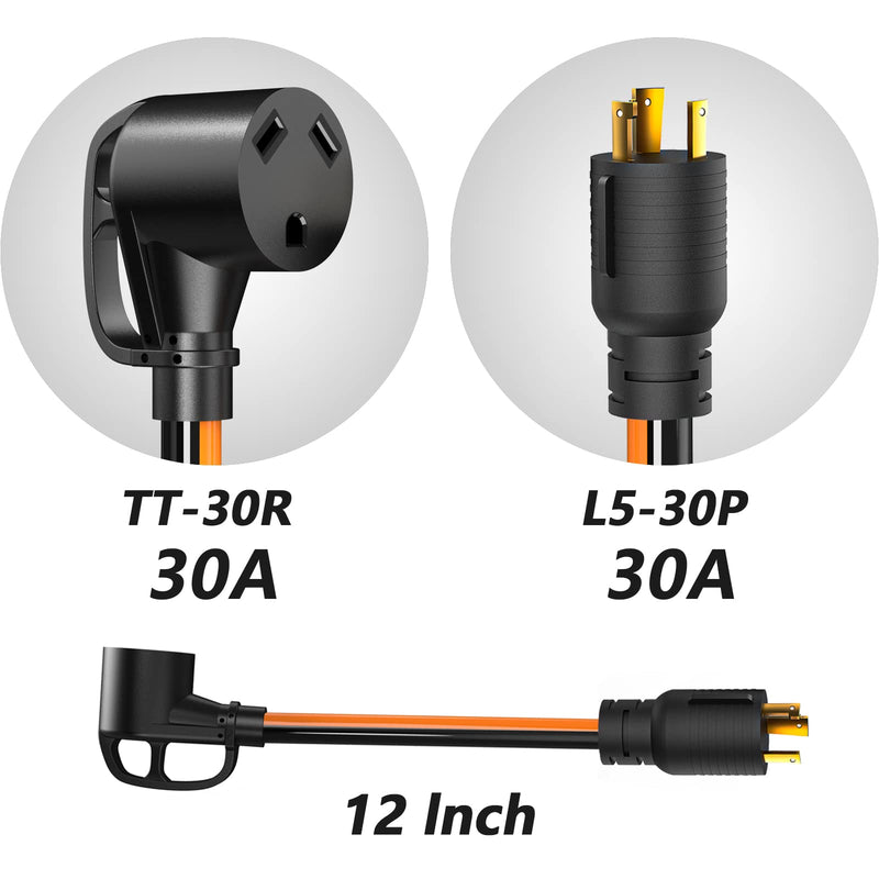 3 Prong 30 Amp to 30 Amp RV Adapter Cord STW 10/3, NEMA L5-30P to NEMA TT-30R, Safety Electrical Converter with Disconnect Handle(12 Inch,Orange&Black)