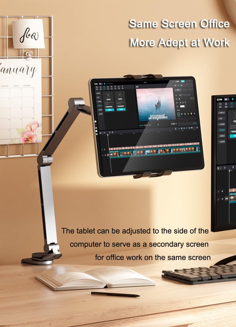 Rotatable Holder Stand Tablet Holder Multi-Angle Design Phone Clip Swivel Mount Desktop Aluminum Alloy Cantilever Bed Desk Home Live Folding Bracket Compatible with 4"-13" Phone Tablet (Silver) Silver