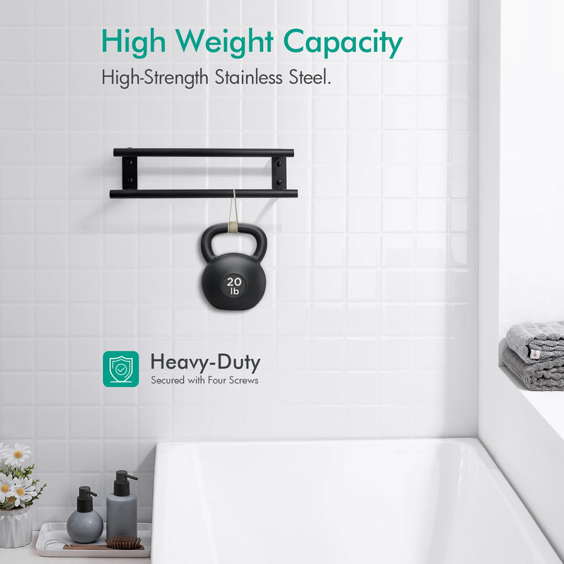 BAGNOLUX Double Towel Bar, SUS304 Towel Racks for Bathroom Wall Mounted 2-Tiers Ladder Towel Rails, Space Saving Bathroom Towel Holder Shelves Rack, Long Towel Hanger (16“-Round-Matte Black) 16“-round-matte Black