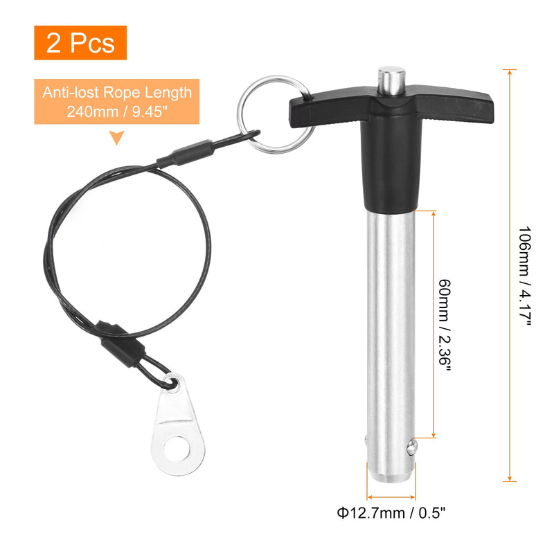 uxcell 2 Pcs T Handle Quick Release Pin, 12.7x60mm/1/2" x 2.36"(Dia. x L) 304 Stainless Steel Push-Button Quick Release Pin with Lanyard Cable for Audio Bimini Top Marine Hardware, Silver 12.7x60.0 mm