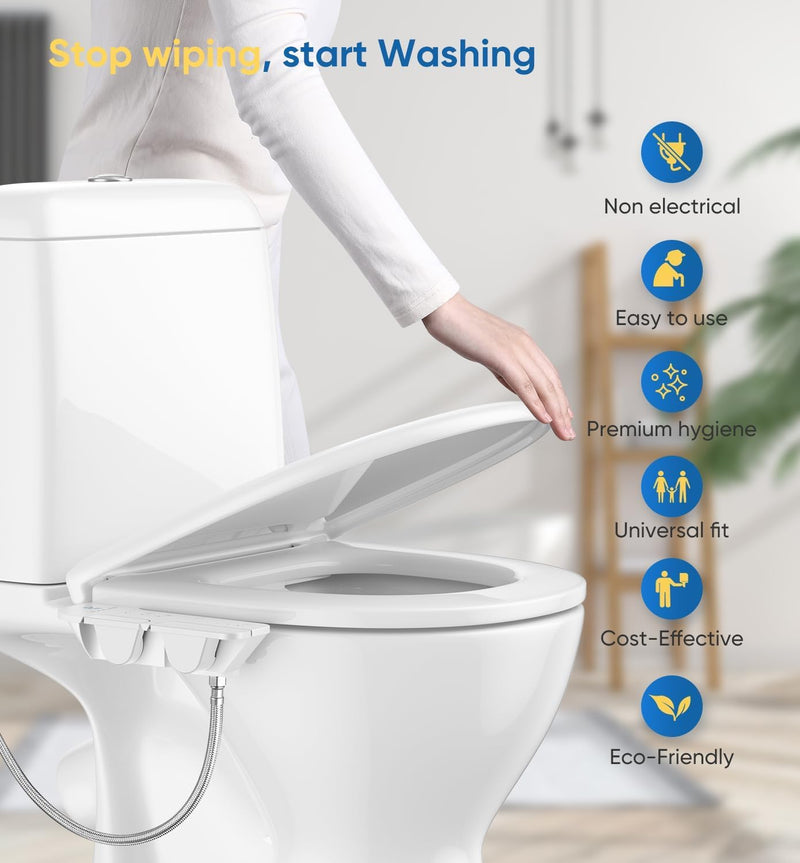 Ultra-Slim 3-in1 Bidet, Self-Cleaning, Posterior&Feminine Wash-(Retractable Dual Nozzles), Non-Electric Bidet Attachment for Toilet Seat, Adjustable Fresh Cold Water Pressure, Stainless Steel Inlet 1PCS-White + Cold Water