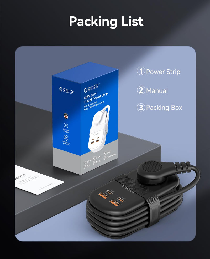 ORICO 65W GaN Travel Power Strip with 3 Outlets & 4 USB Ports (2 USB C) | 4FT Flat Plug Extension Cord with Cord Wrap Design, Compact USB C Charger for Cruise Home Office Dorm Laptop Black