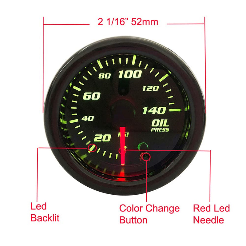 2'' Oil Pressure Gauge Meter with Sensor Tinted 7 Color Car Digital LED 0-140 PSI 52mm Oil Press Gauge
