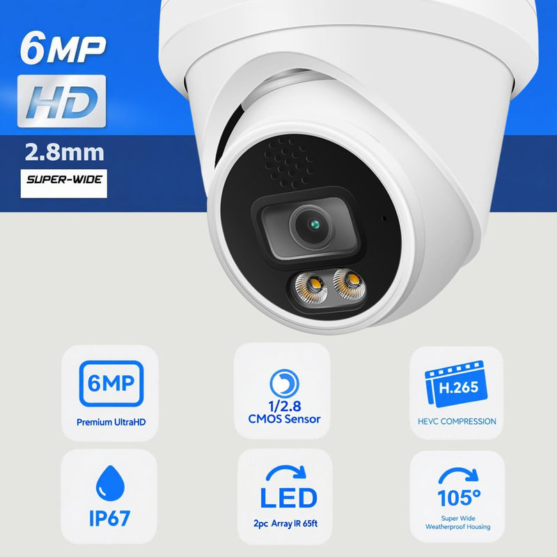 Real HD 6MP Add-On Full Color Night Vision Dome IP Camera for IP NVR Systems, with Visiable White Lights, 105° Viewing Angle, Outdoor, Compatible with Ⲏіk NVR, NDAA Compliant 6MP Turret POE Camera White