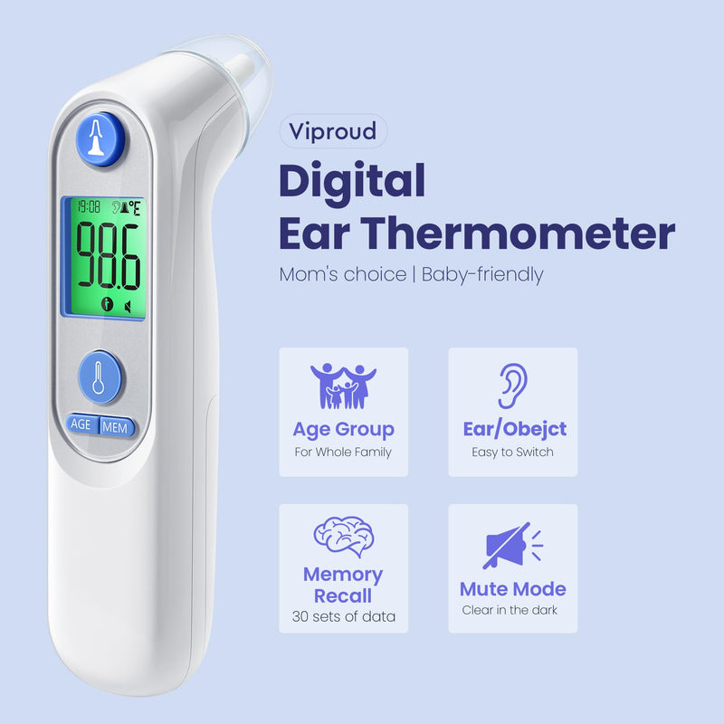 Ear Thermometer, Digital Ear Thermometer for Kids and Adults, High Accuracy Baby Thermometer with 1s Result, 3-Color Dispaly, 30 Memory Recall, with 21 Disposable Probe Covers White