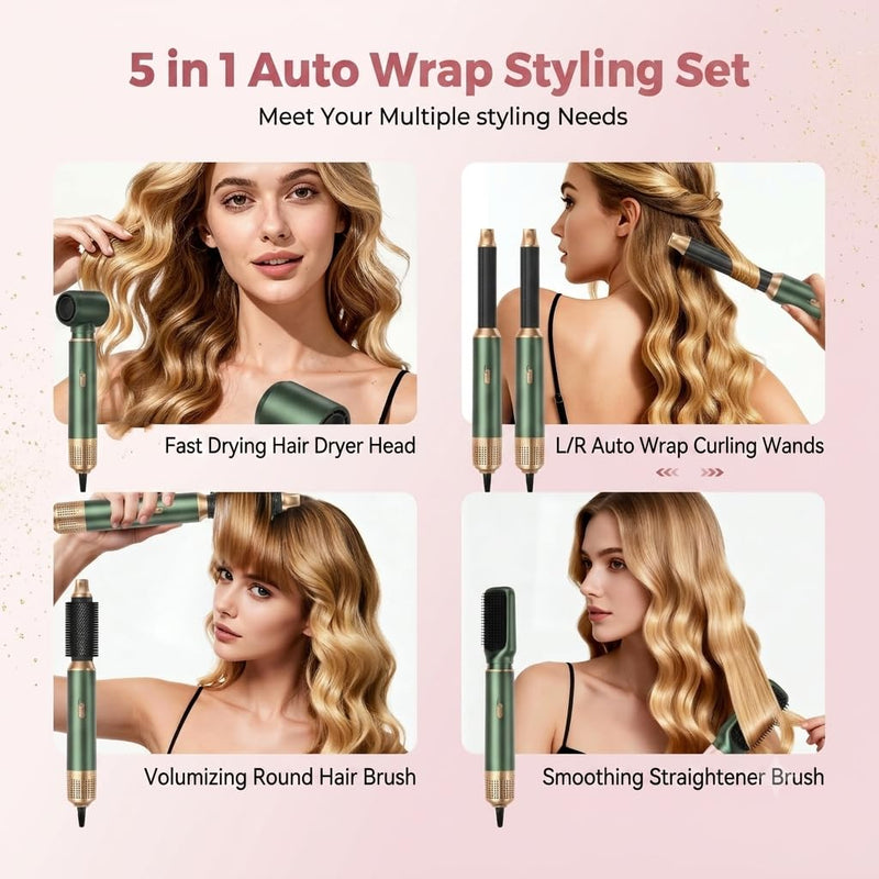 Hair Styler 5 in 1, Magic Styler, 1000W Hair Dryer Brush for Hair Styling, Hot Air Brush with Auto Wrap Air Curler Wand, Hair Straightener Brush, Round Brush Hair Dryer for Volumise, Curls, Style Green