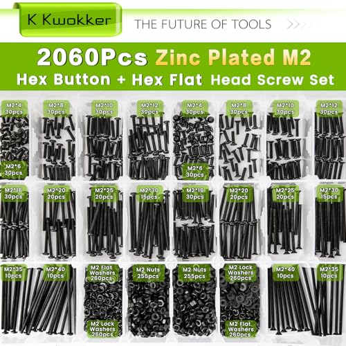 2060Pcs M2 Screw Kit Hex Socket Button & Flat Head Bolts and Nuts M2 - Button Head & Flat Head