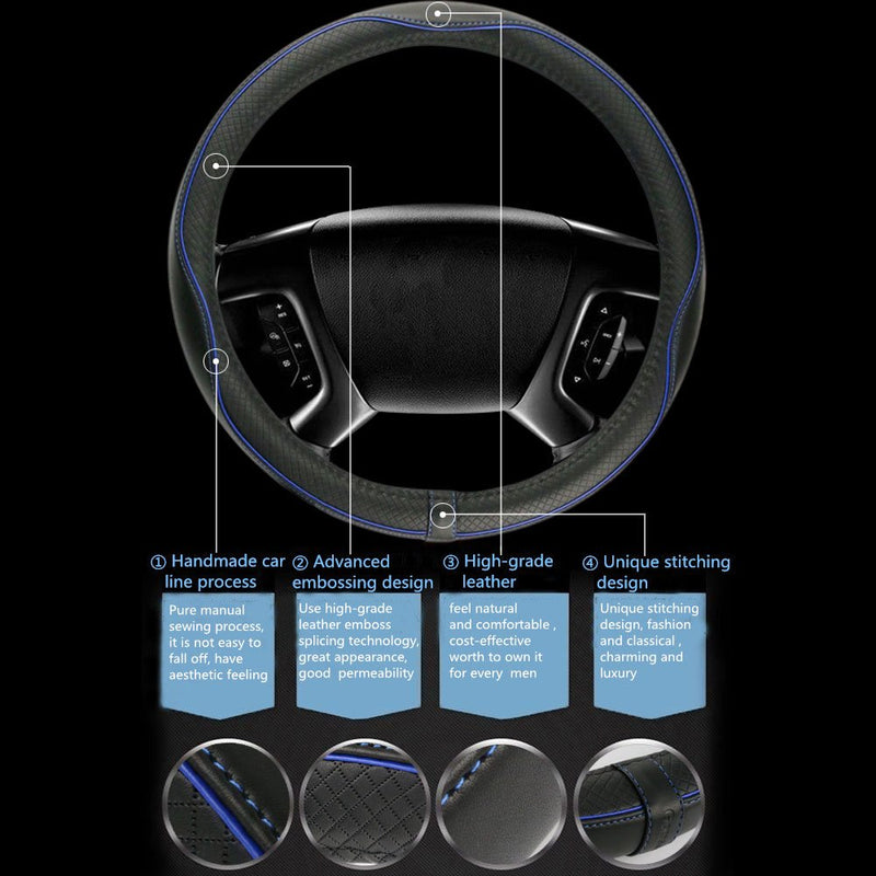 Car Steering Wheel Cover, Anti-Slip, Safety, Soft, Breathable, Heavy Duty, Thick, Full Surround, Sports Style (Black Blue) Black With Blue Line