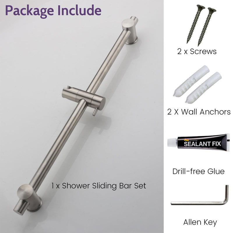 24 Inch Shower Slide Bar with Adjustable Shower Holder Wall Mount Sliding Bar Stainless Steel Wall Mounted Shower Slide Bar with Adjustable Shower Head Holder, Brushed Nickel