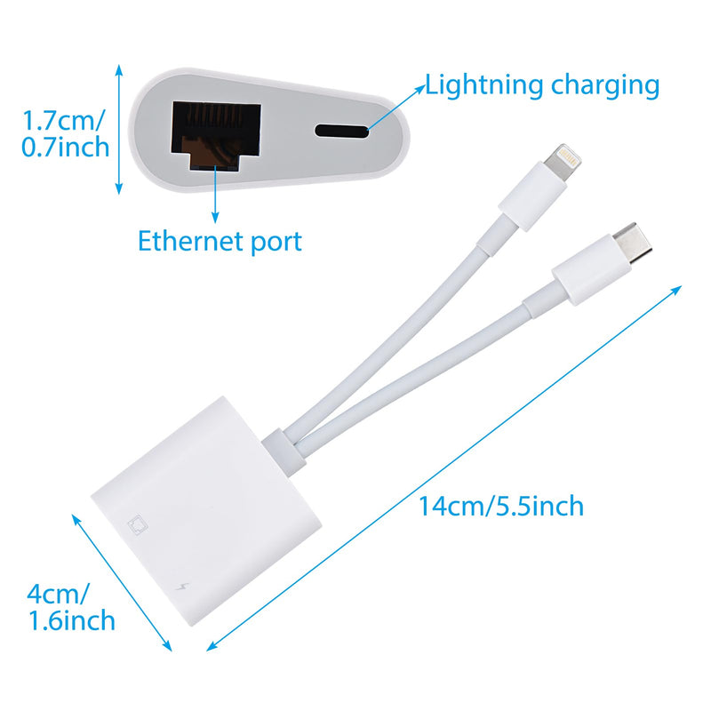 Lightning and USB C to Ethernet Adapter,2 in 1 RJ45 Ethernet LAN Network Adapter with Charge Port Compatible with iPhone/iPad/iPod/Samsung and More,Supports 100Mbps Plug and Play Lightning and USB C to Ethernet Adapte