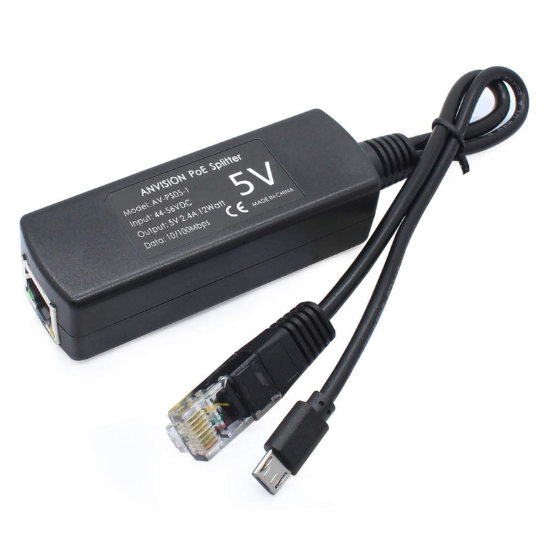 ANVISION 5V PoE Splitter, 48V to 5V 2.4A Adapter with Micro USB Plug, IEEE 802.3af Compliant, for IP Camera, Tablets, Dropcam or Raspberry Pi and More, AV-PS05-1