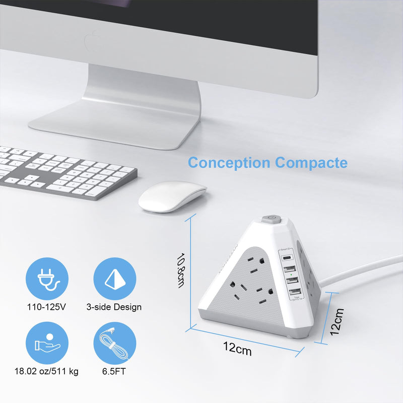 Tower Surge Protector Power Strip, NVEESHOX 9 AC Outlets with 4 USB Ports (1 USB C )3-Side Triangle Outlets with USB Ports,6.5 Ft,Flat Plug, Charging Station with Surge Protection,for Home Office Dorm White-Gray
