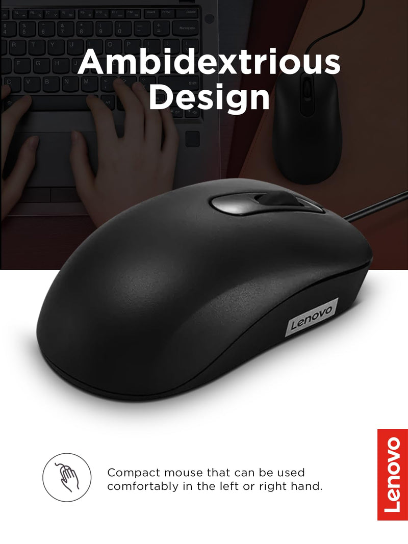 Lenovo 100 Wired USB Computer Mouse for PC, Laptop, Computer with Windows - Full-Size - Ambidextrous Design - 3 Buttons - Red Optical Sensor – Black Black 100