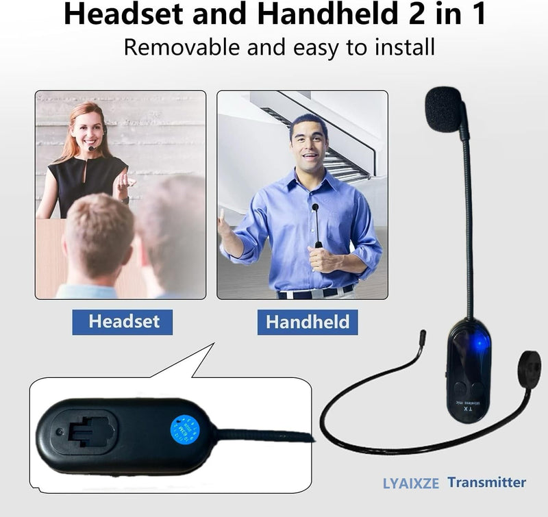 Wireless Microphone Headset UHF Wireless Headset Mic System for PA | 200 FT Transmission Range with1/8" & 1/4" Plugs, For teacher, fitness coach, singing, lightweight hands free headset mic