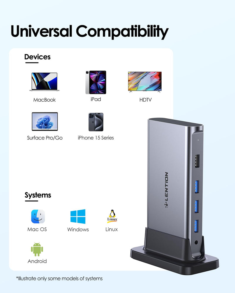 LENTION USB C Docking with 4K@60Hz HDMI, USB 3.0/2.0, Gigabit Ethernet, 100W PD, Aux Adapter for 2023-2016 MacBook Pro/Mac Air/Surface/Steam Deck, More, Stable Driver Certified (CB-D53s, Silver)