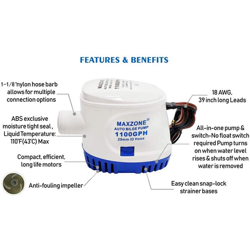 Automatic Submersible Boat Bilge Water Pump 12v 1100gph Auto with Float Switch, 1-1/8" Outlet, Compact Marine Boat Yacht A -1100GPH