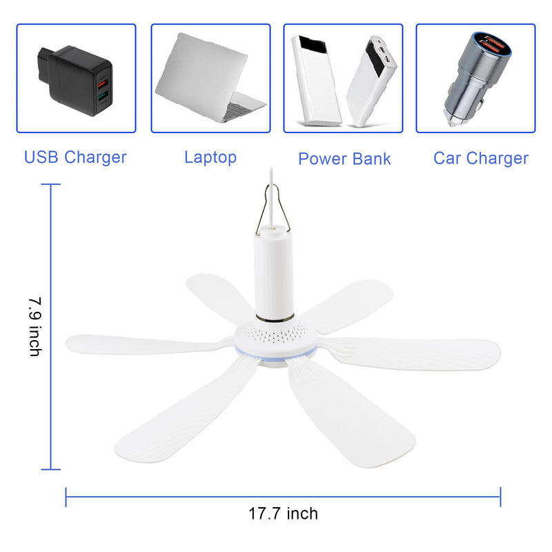 17.7inch Portable Ceiling Fan USB Ceiling Fan Small Silent Hanging Fan with Remote Control for Camping Bed RV Tent Cruise Home Room