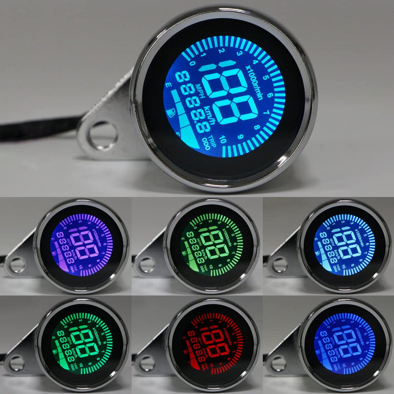 Dreamseek Universal Motorcycle Digital Gauge Speedometer Tachometer Fuel Speed Odometer Oil Level Meter, 4 in 1 Multifunction Motorbike Modification Kit Waterproof w/ 7 Colors LCD Background (Chrome) Chrome