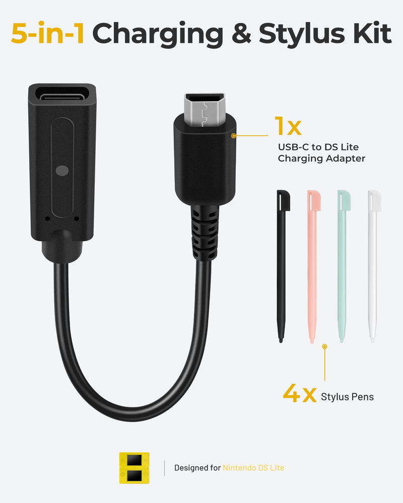 DS Lite Charger and Stylus Bundle, USB C to DS Lite Charging Adapter with 4 Replacement Stylus Pens for Nintendo DS Lite NDSL