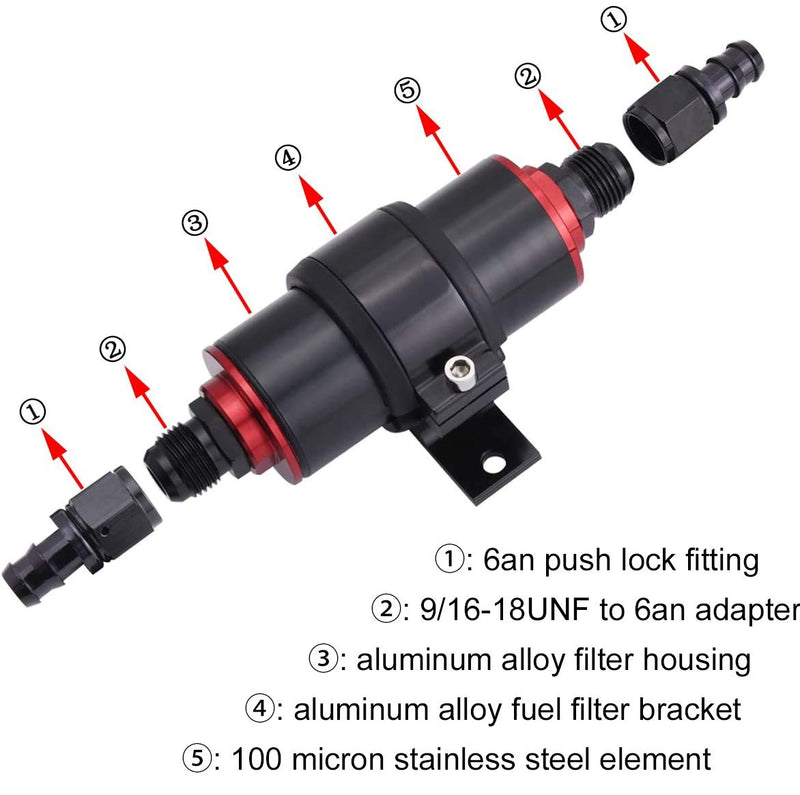 6AN Inline Fuel Filter Kit with Bulkhead Adapters, Push Lock Fittings and Fuel Filter Mounting Bracket for 3/8 Fuel Line Hose, Great for Gasoline, E85 Ethanol Fuel and Diesel 6AN