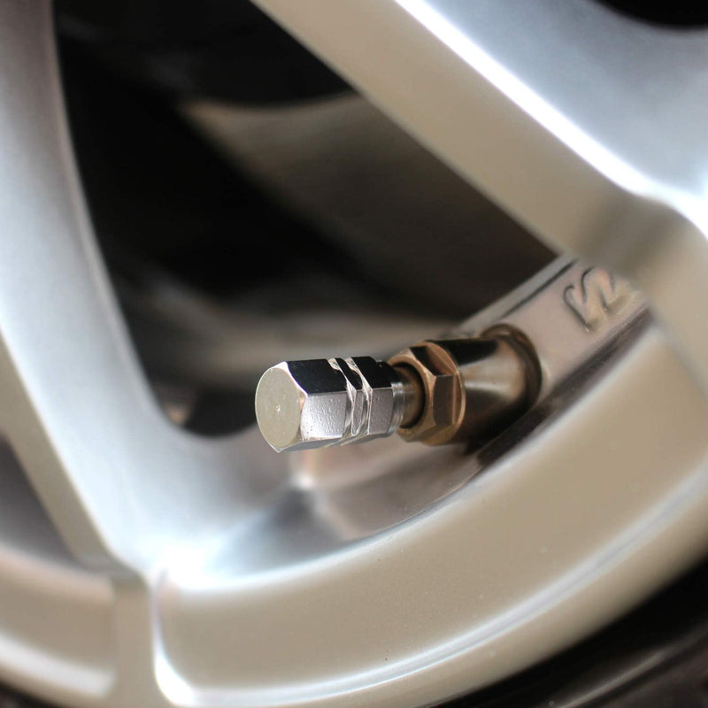 Tire Valve Caps (12 Pack) Heavy-Duty Stem Covers | Dust Proof, with O Rubber Seal | Hexagon Design | Outdoor, All-Weather, Leak-Proof Air Protection | Light-Weight Universal Aluminum Alloy (Silver)