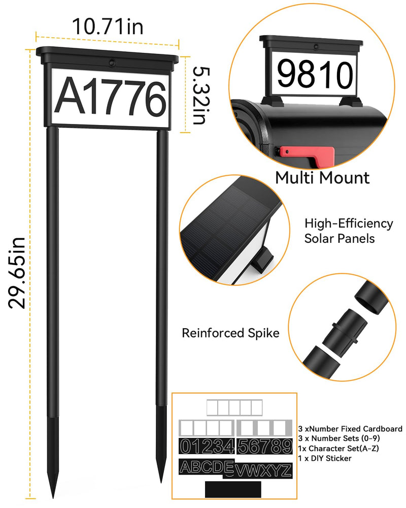 LumiZen New Upgraded Solar Address Sign,Double Sided Glow House Numbers with Auto On/Off, 3-Color Lighting Modes Mailbox Number Plaque Waterproof, Dual Stakes for Home Yard Driveway Black-3M 3 LIGHT MODES
