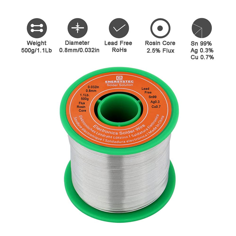 Lead Free Solder Wire Rosin Core Flux 2.5% Flow 0.032in 0.8mm Electric Solder 1.1lb. 500g No Lead Electrical Soldering Wire Sn99 Ag0.3 Cu0.7 for Electronics Soldering
