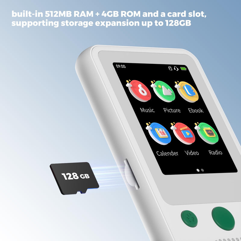 TIMMKOO A5 MP3 Player for Kids, 2.4" Touch Screen MP3 Player with Bluetooth, No WiFi, 65H Playback Portable Music Player with Speaker, Support Up to 128GB TF Card 4GB