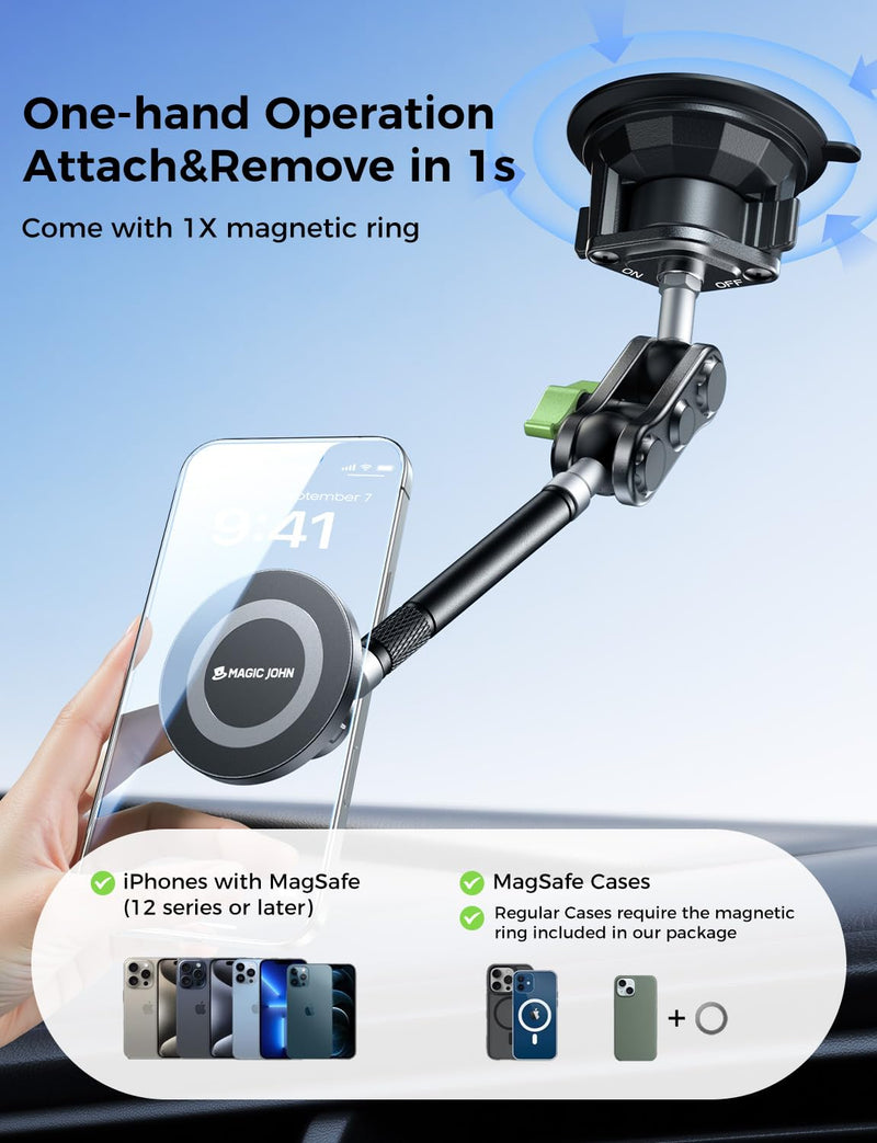 MAGIC JOHN Magnetic Car Phone Holder, Windshield Metal Suction Cup Mount | 360 Degree Rotatable, Strong Suction & Magnetic Force, Solid Metal Frame, Easy Installation Extended