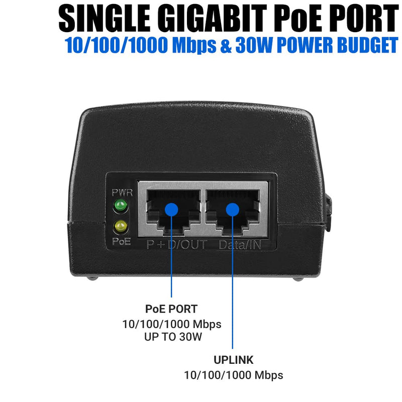 BV-Tech Gigabit Power Over Ethernet PoE+ Injector | 30W | Plug & Play | up to 325 Feet 30W PoE+ Injector