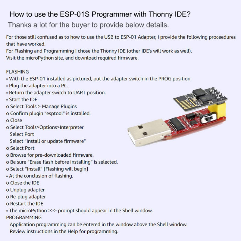 ESP-01S Programmer USB to ESP-01 Adapter ESP8266 Wireless WiFi Module Wi-Fi CH340G UART PORG, 4.5-5.5V 115200 Baud Rate 2PCS
