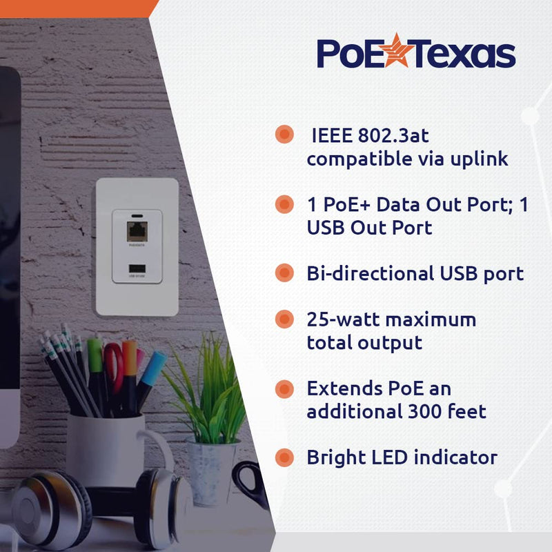 PoE Texas Gigabit PoE Splitter in-Wall USB Charging Port - Fast 5V USB Charging and RJ45 Power Over Ethernet Output for WiFi Internet Router, Camera, Phone Network GAT-USB-IW