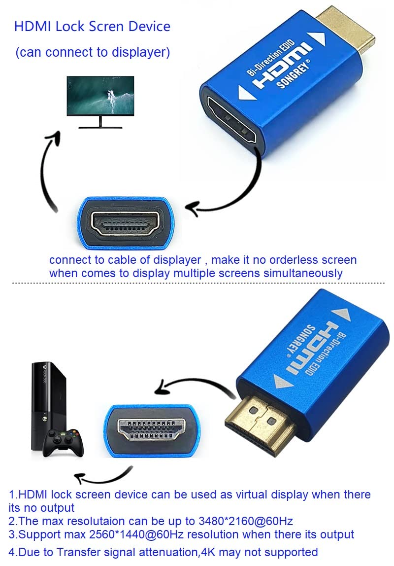 EDID Emulator 2K HDMI Passthrough 4th Generation Aluminum Fit Headlesskeep for Video Splitter Switch Extender Pass-Through Adapter Male to Female Coupler Dummy Plug (hdmi2560x1440) 2K 2560×1440