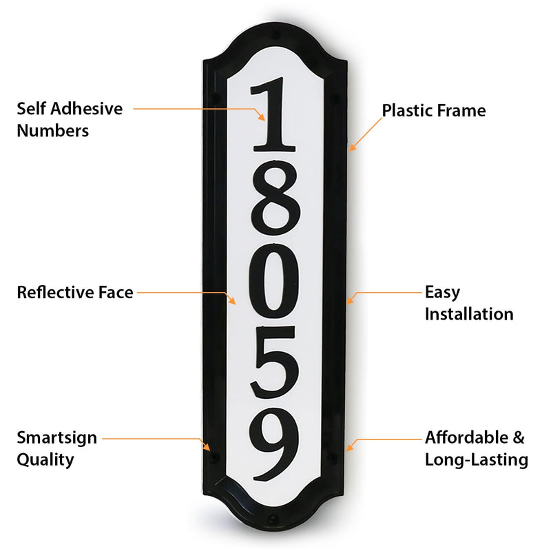 SmartSign Home Address Sign with Self Adhesive Numbers, 16" x 4.5", Plastic Frame with Reflective Face, 2” Self-Adhesive Plastic Numbers, Includes Alignment Templates and Hardware, Made in USA