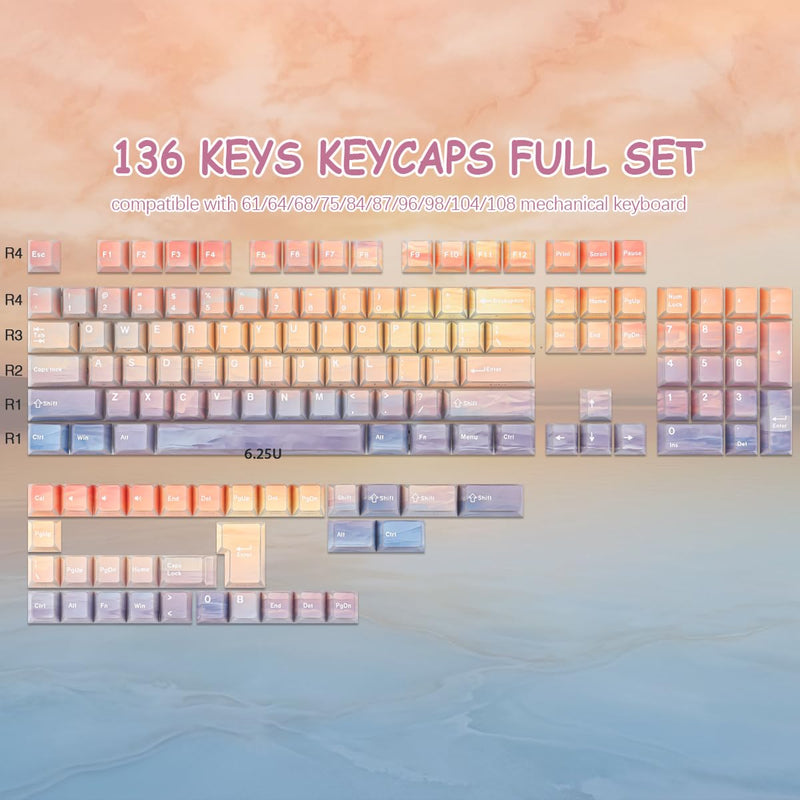 Tsungup Custom Keycaps,137 Keys Cherry Cool Key Caps Keyboard Keycap Set | Sunset-Afterglowy Side Printed PBT Keycaps for Cherry MX Switches Mechanical Keyboard Sunset Yellow
