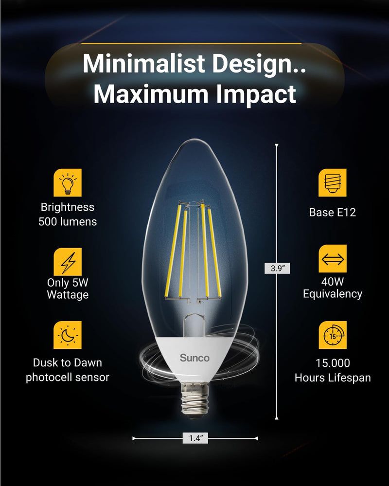 10 Pack Dusk to Dawn LED Outdoor Light Bulb B11, Edison Filament Candelabra Bulbs for Porch Lighting, 500 LM, 5W (40W Equivalent), 3000K Soft White, E12 Base, Photocell Sensor UL