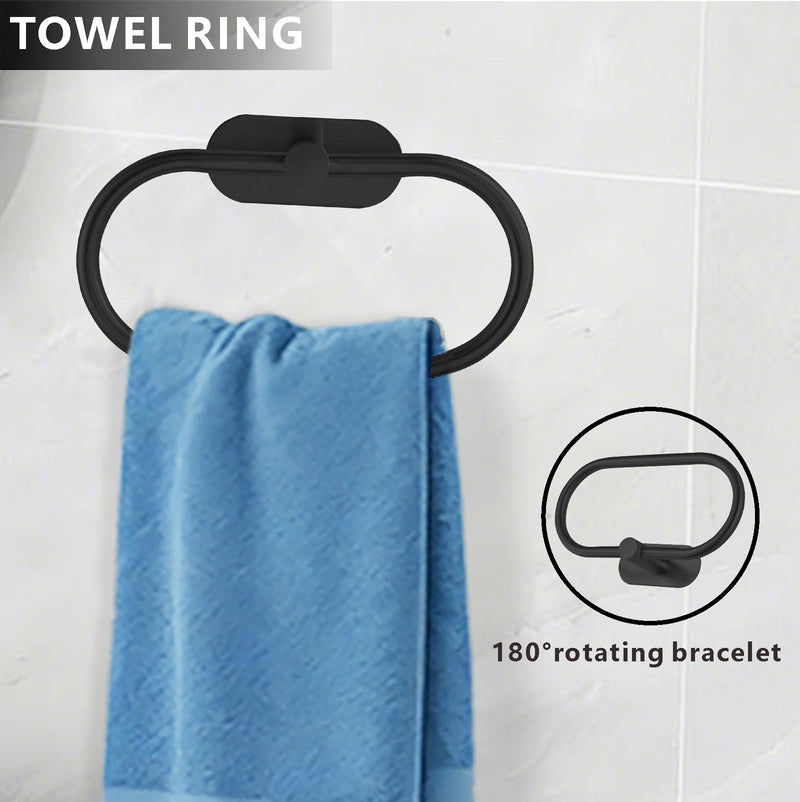 Self-Adhesive Bathroom Hardware Set, Towel Ring, Toilet Paper Holder and 2 Towel Hooks for Kitchen/Bathroom, No-Drilling Stainless Steel Bathroom Accessories, Wall Mounted, Black