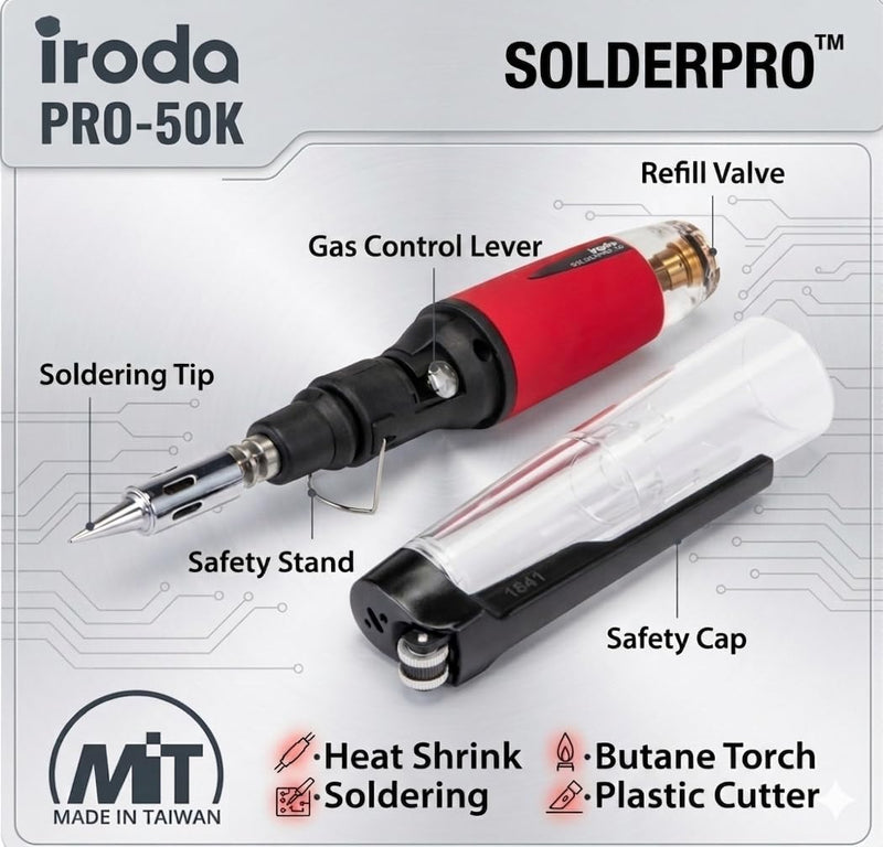 IRODA Wireless Butane Soldering Iron Kit | 4-in-1 Cordless 30-70W Pro Grade | 18s Heat-Up Multi-Function Heat Tool with Case & Tips | Pro-50K