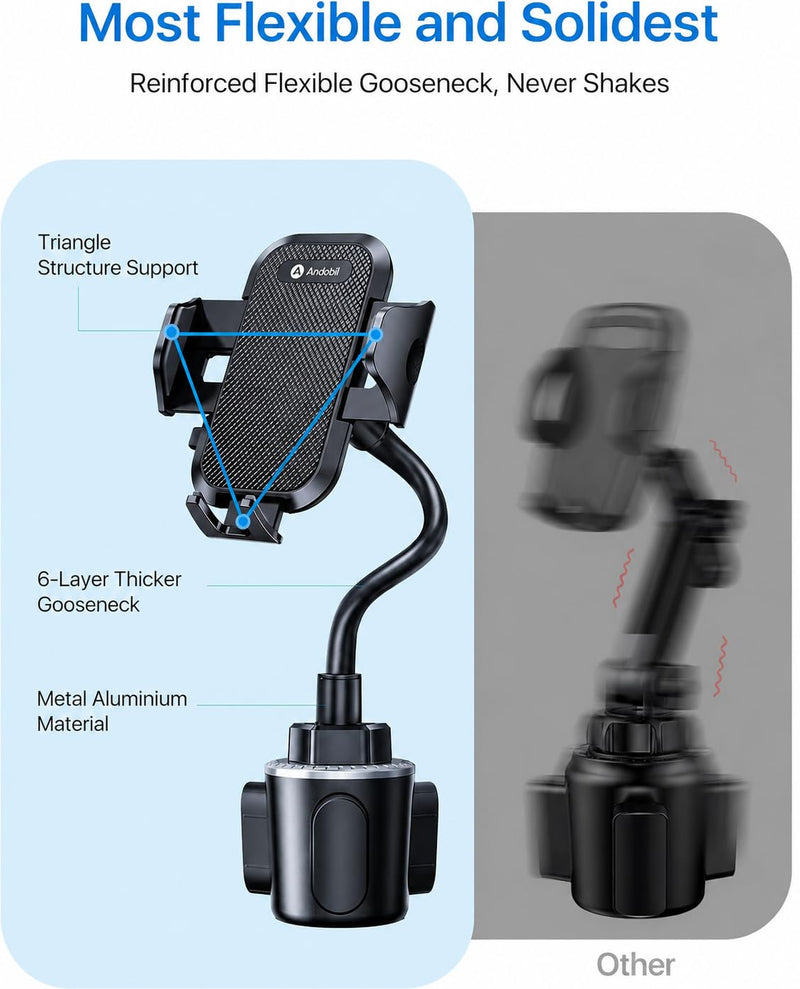 andobil Military-Grade Cup Holder Phone Holder, [Solidest Metal Gooseneck] Universal Cup Phone Holders for Your Car Truck Golf, 360° Adjustable Cup Holder Cell Phone Mount for iPhone Samsung Google Gooseneck-Black
