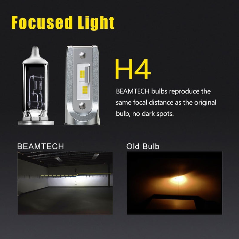 BEAMTECH H-4 Bulbs, S1 Series 900-3 Fanlsess 300% Brighter 6500K White Fog Light, 2 Bulbs H4(9003)