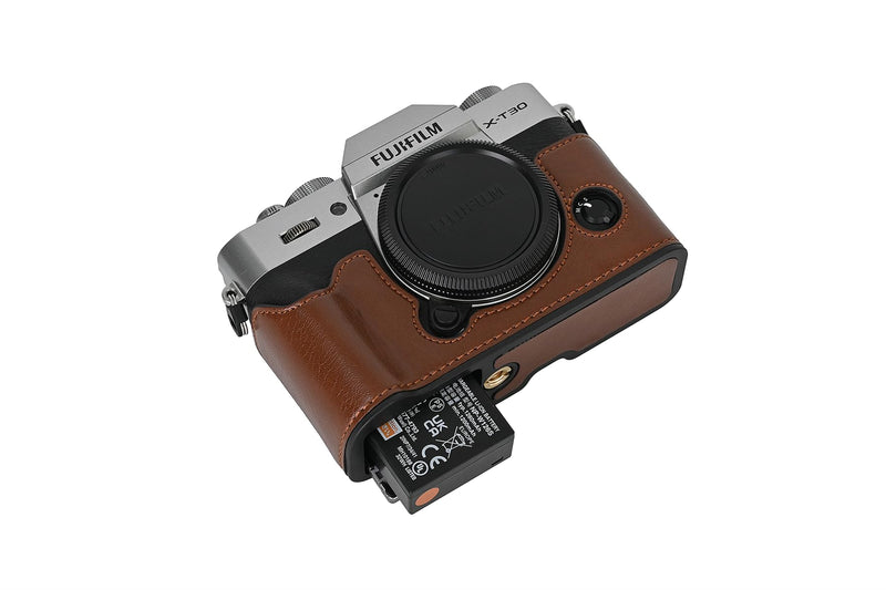 X-T30 Case, BMAOLLONGB Handmade PU Leather Half Camera Case Bag Cover Bottom Opening Version for Fujifilm X-T30 XT30 with Neck Strap Mini Storage Bag (Coffee) Coffee