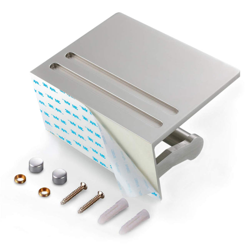 Toilet Paper Holder with Shelf, Aluminum Tissue Roll Holder with Mobile Phone Storage Shelf for Modern Bathroom, 3M Self Adhesive No Drilling or Wall-Mounted with Screws, Brushed Nickel