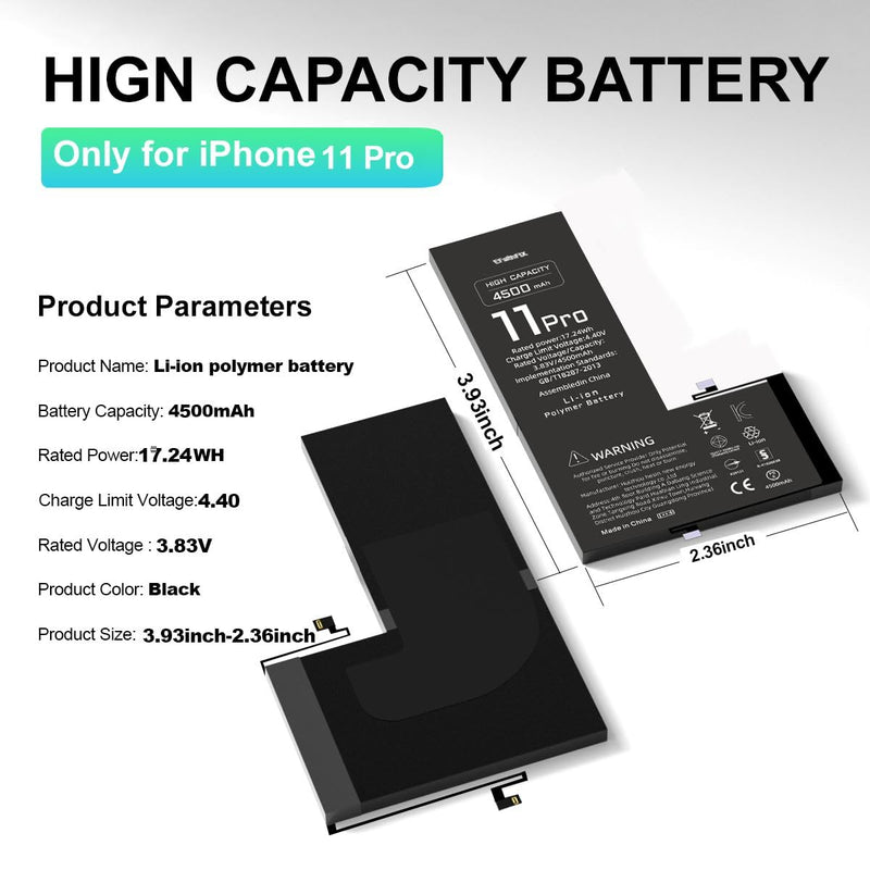 EFAITHFIX 4500mAh Upgraded Replacement Battery Compatible with iPhone 11 PRO, High Capacity New 0 Cycle A+ Battery Replacement for iPhone 11 PRO, Model A2160 A2217 A2215 with Complete Repair Tool Kit 11 PRO-4500